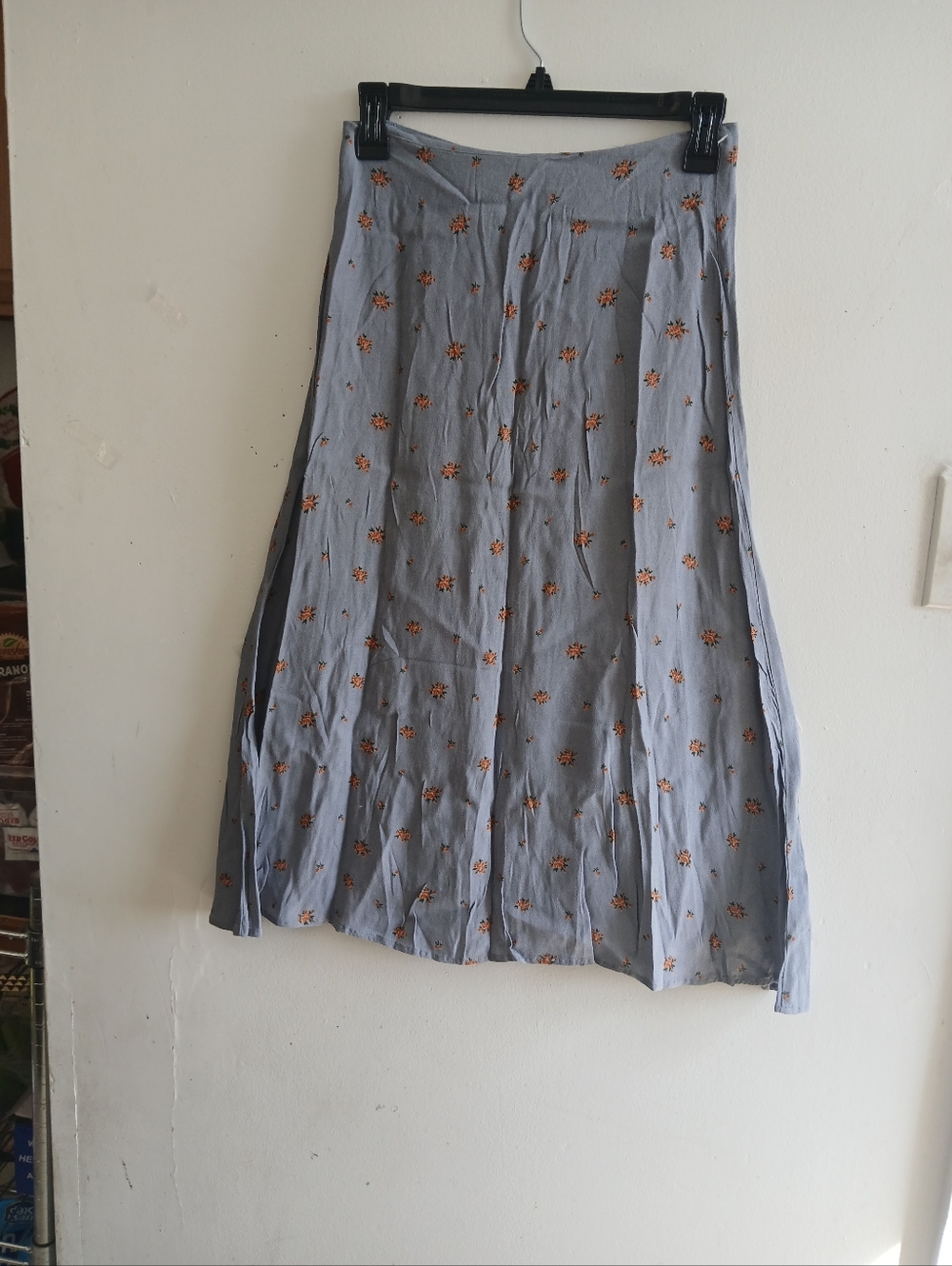 Reformation Light Blue A-Line Midi Skirt with Orange Floral Motif